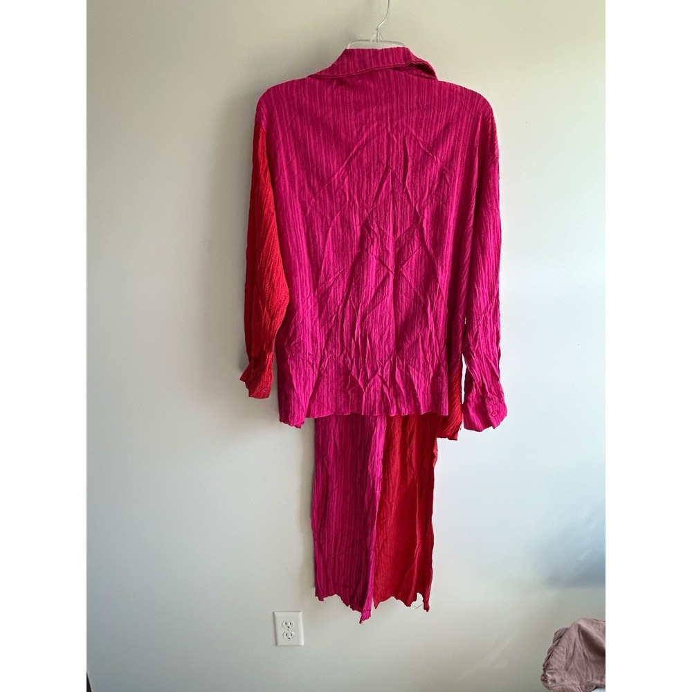 Women's 2 Pc Crinkle Texture Wide Leg Pants Shirt Oversized Color Block - Picture 7 of 8